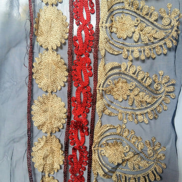 Black Soft Net Lace Trim With Red, Beige And Brown Floral And Paisley Embroidery, Indian Trims